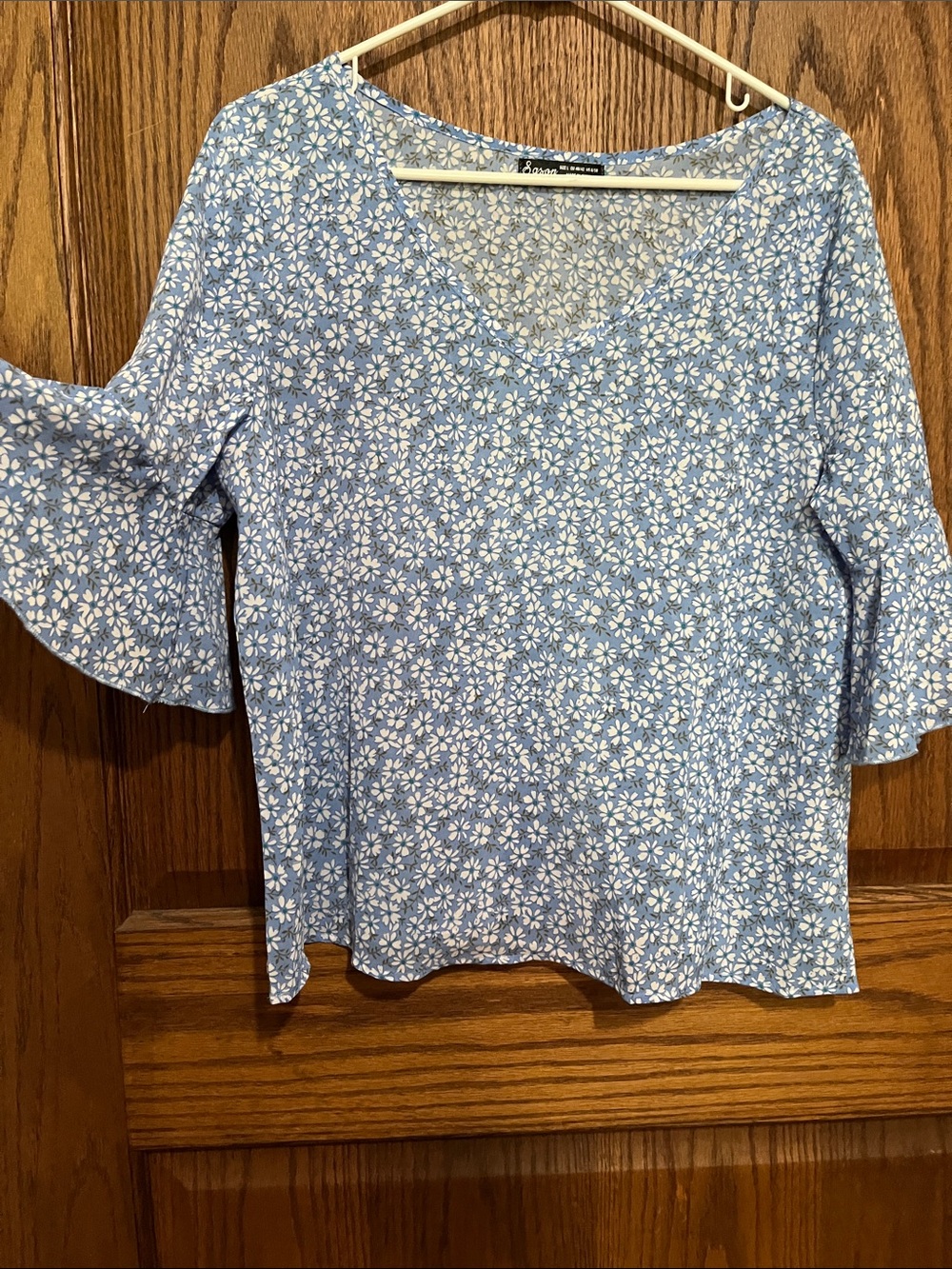 Blue Floral V-Neck Bell Sleeve Blouse